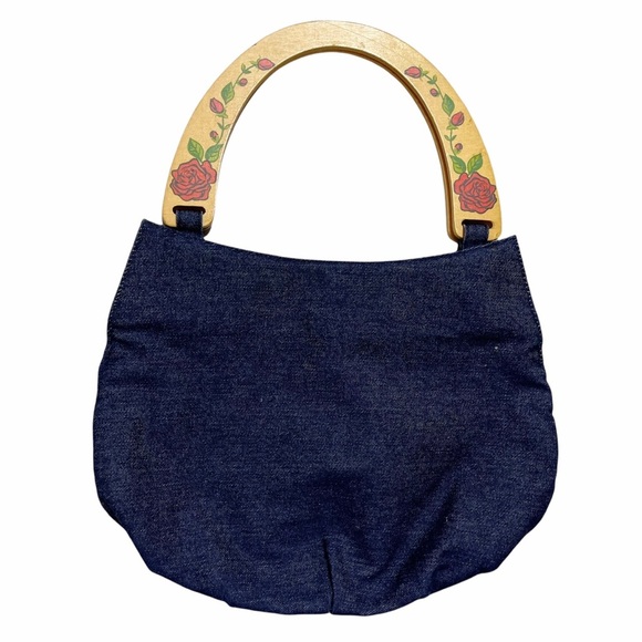 Vintage 90s Denim Carpet Bag Rose Painted Wooden Handles - Picture 1 of 8
